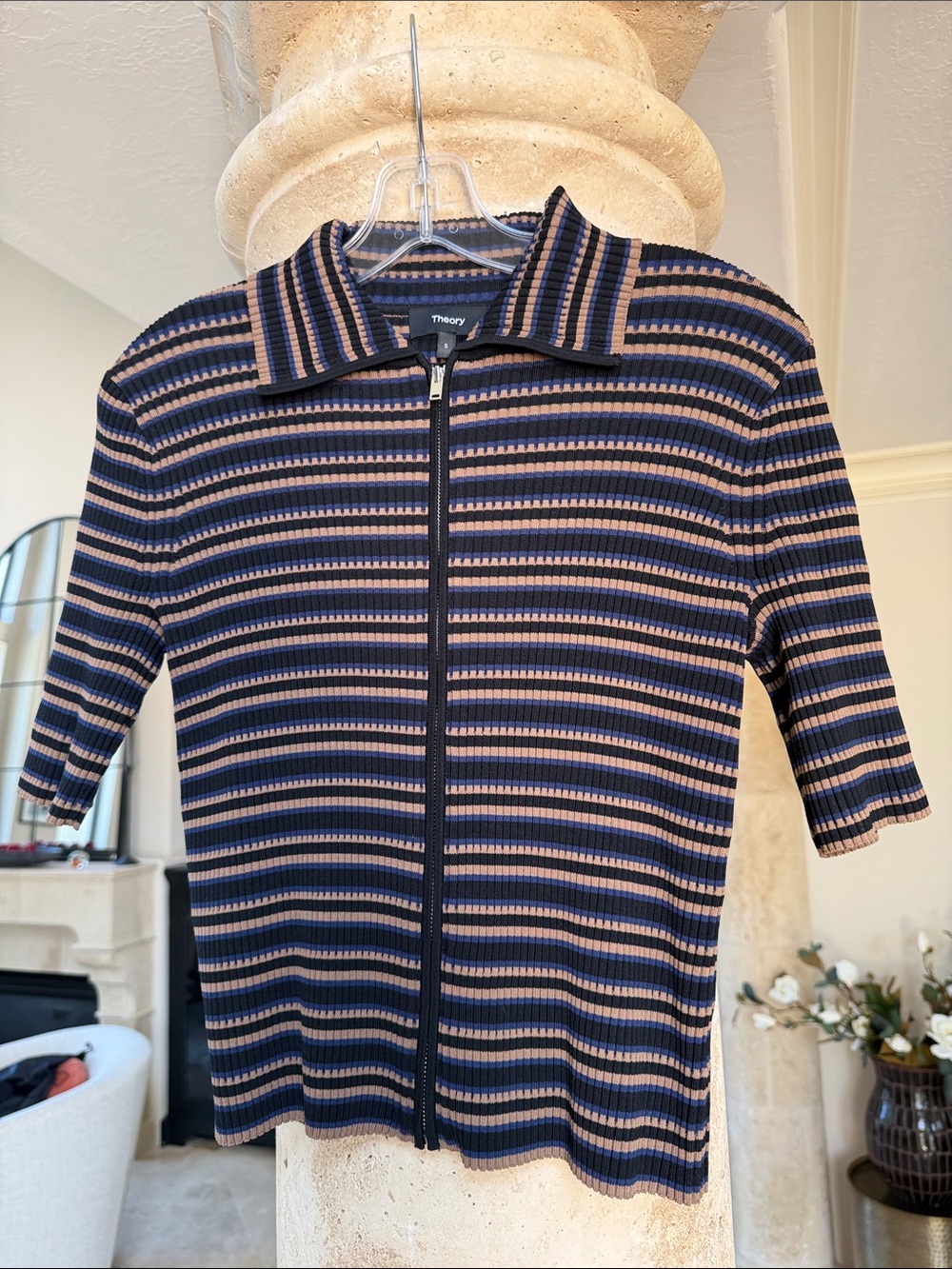 Theory Ribbed Zip Polo in Navy Black Tan Size S